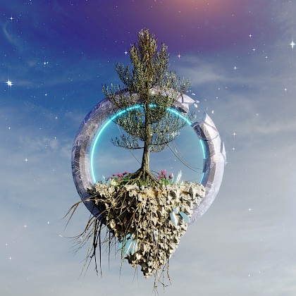 A stone ring in the sky with a tree growing out of it